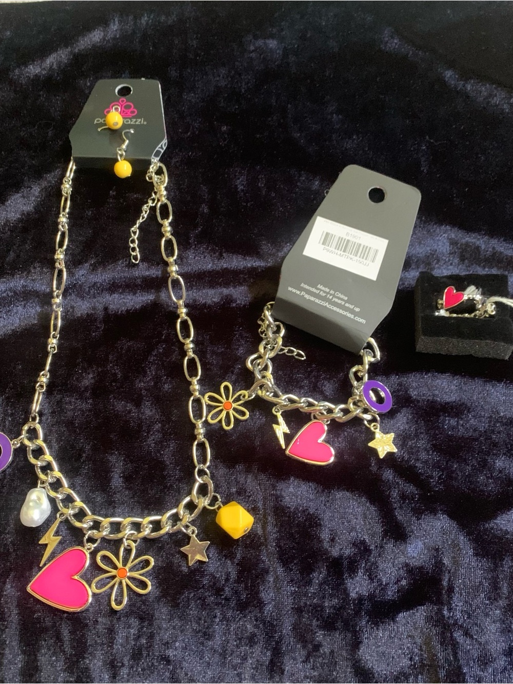 Paparazzi  4 Piece Pink Heart & Multicolor Charm Necklace and Bracelet Set